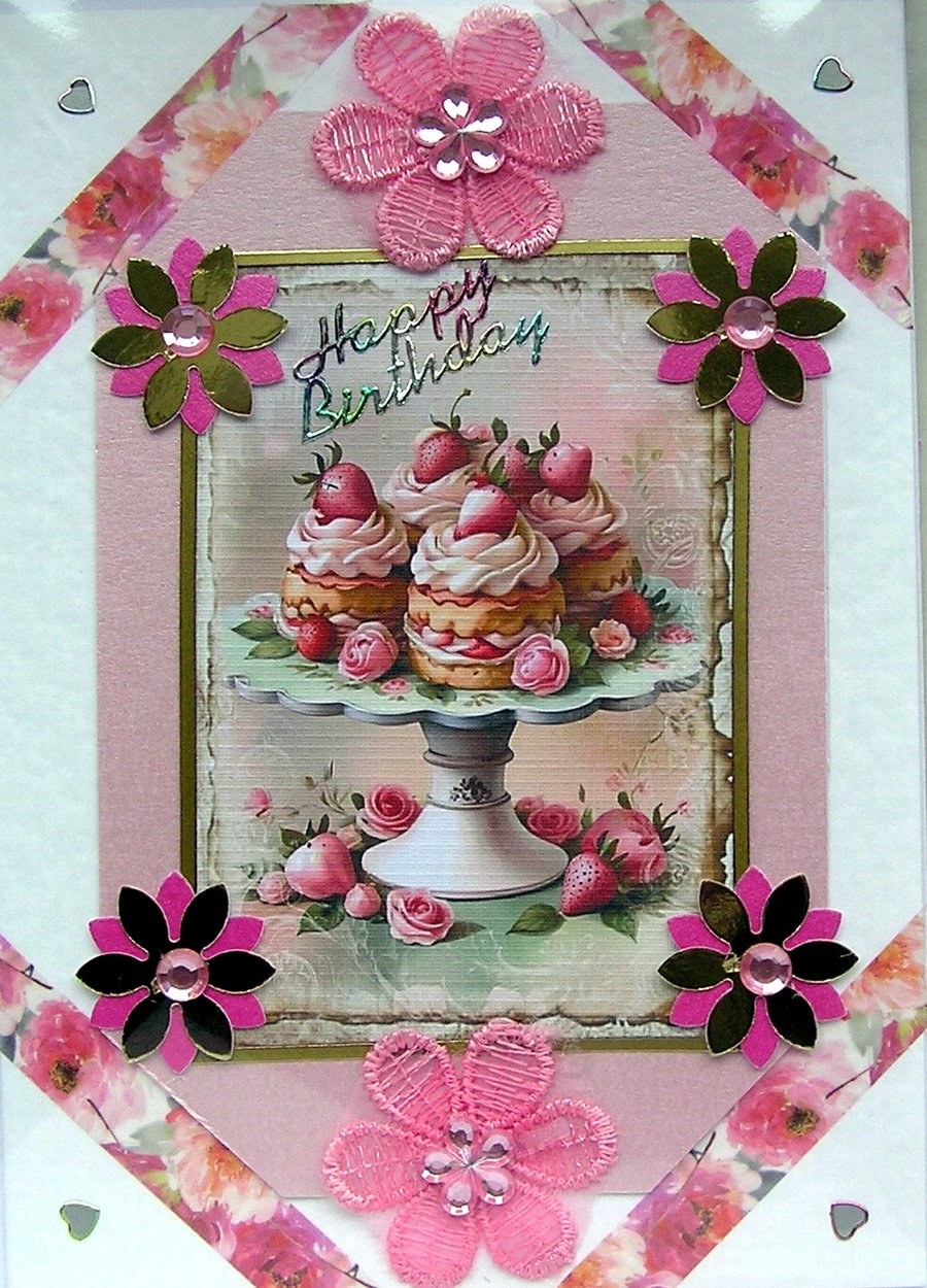Strawberry Cream Scone - Hand Crafted Decoupage Card - Happy Birthday (3145)
