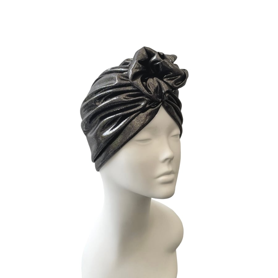 Silver Metallic Foil Jersey Rosette Turban Hat, Festive Christmas and Party 