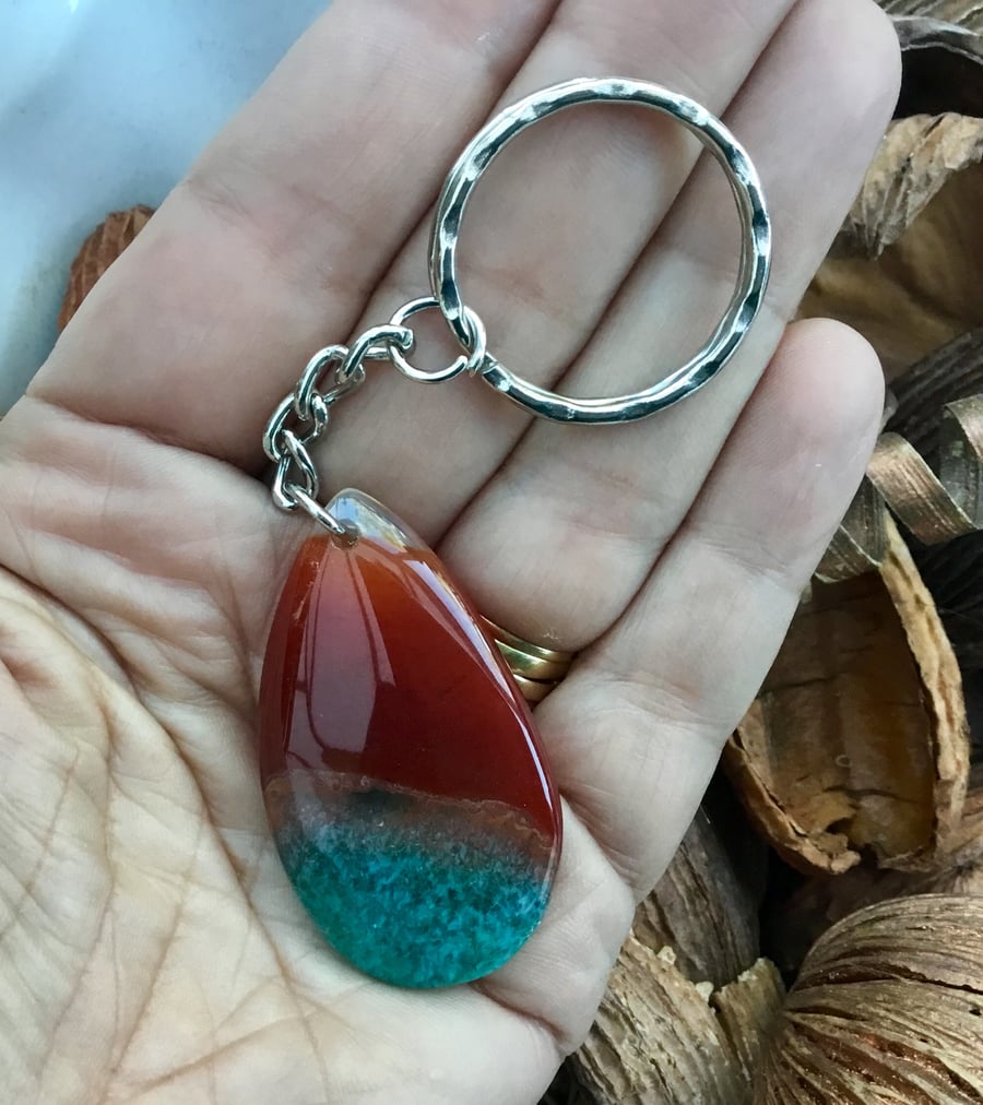 Tri-colour Druzy Agate Pear Drop Gemstone Keyring or Handbag Charm.