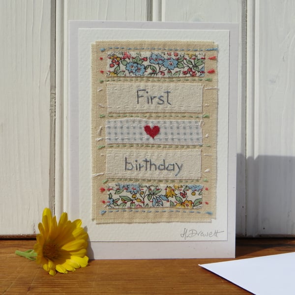 First Birthday card, hand-stitched, pretty, detailed, delicate, a card to keep