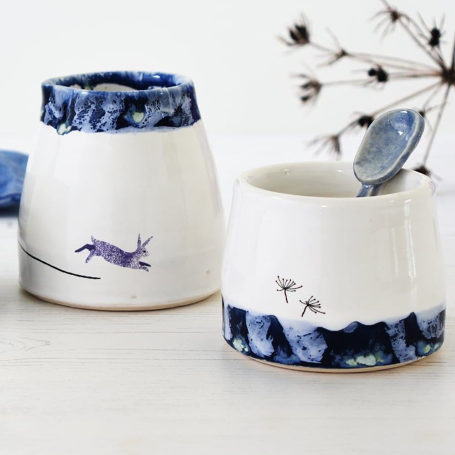 Ceramic creamer sugar bowl spoon set with hare, handmade illustrated pottery