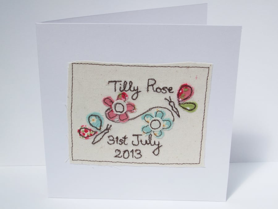 Personlised New Baby Card - Embroidered with Flowers, Butterflies & Baby name