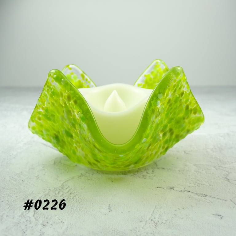 Green textured fused glass tealight holder LED flickering flame candle (226)