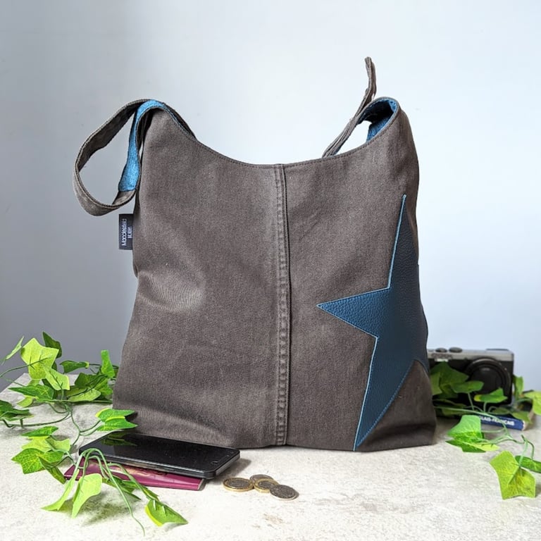 Denim Shoulder Tote Hobo - Large Shoulder Tote Bag with Teal Leather Star Motif