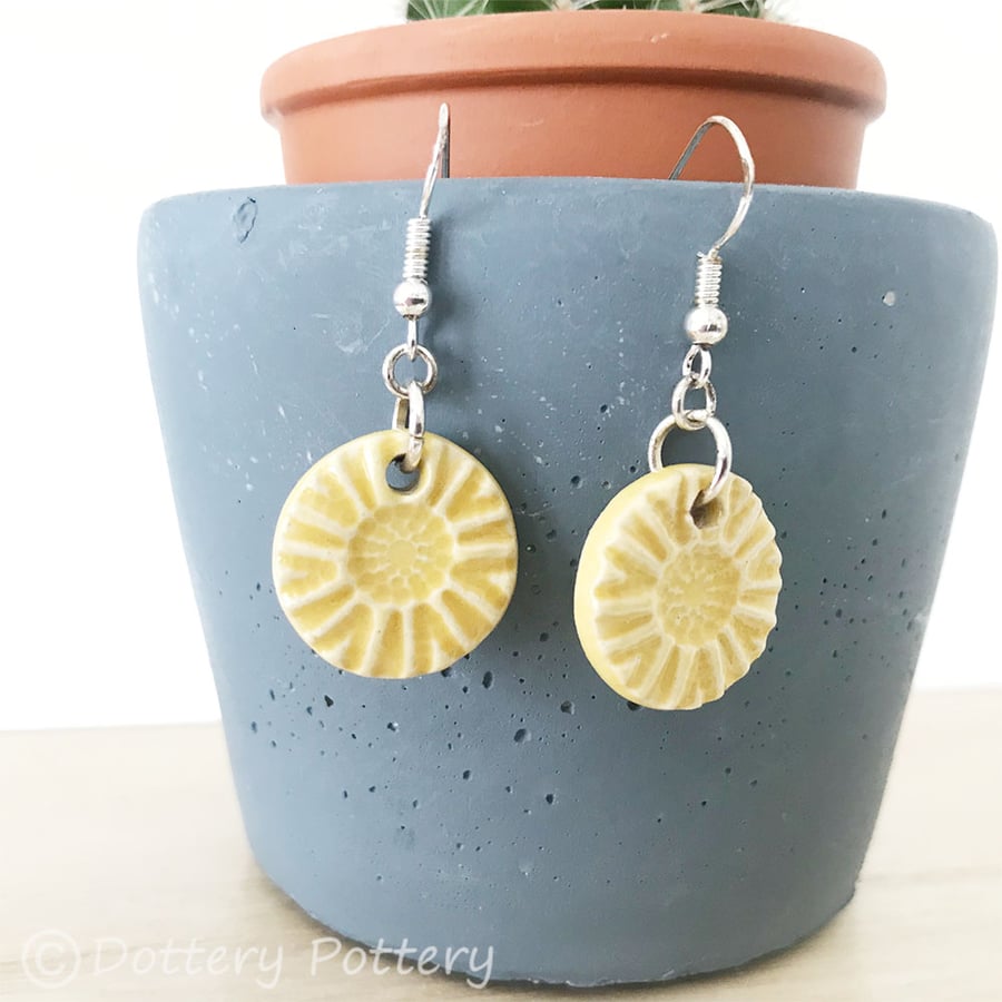 Handmade yellow ceramic disc earrings on sterling silver ear wires