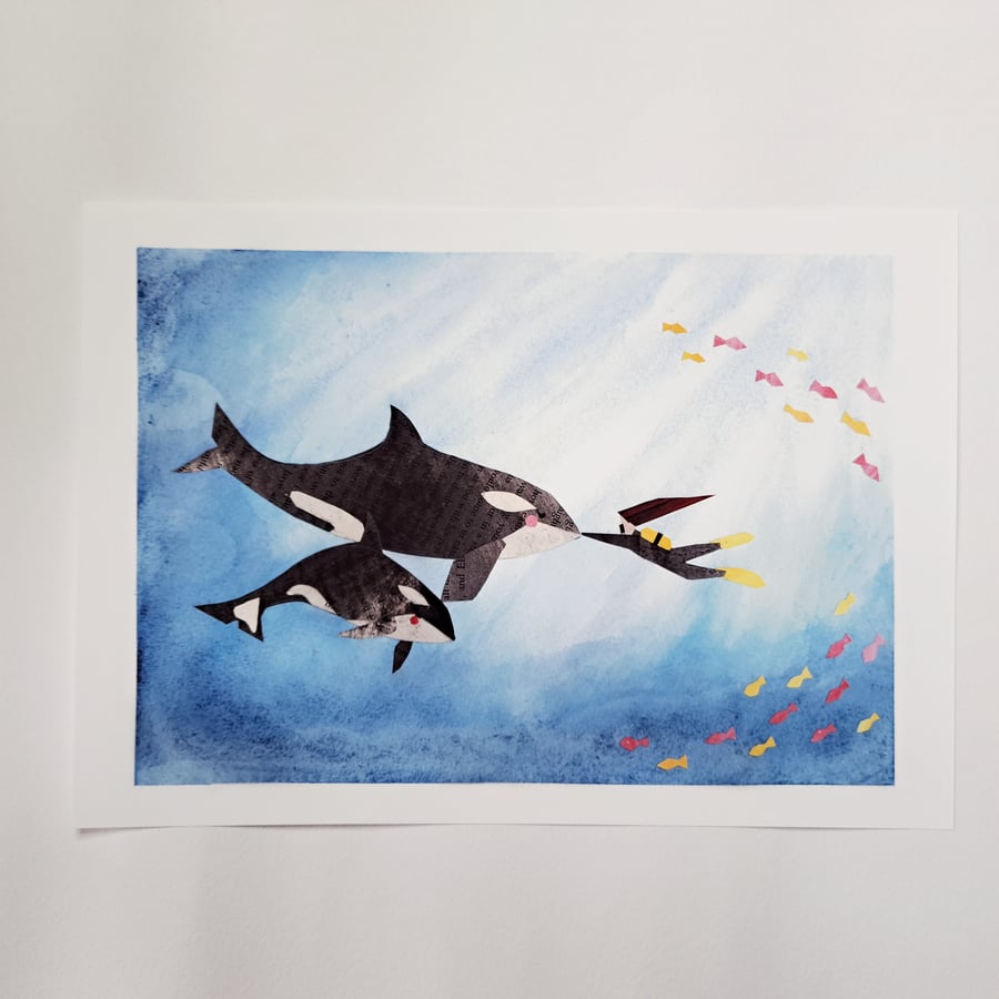 Art Print Orca Killer Whale with Baby Swimming with Diver