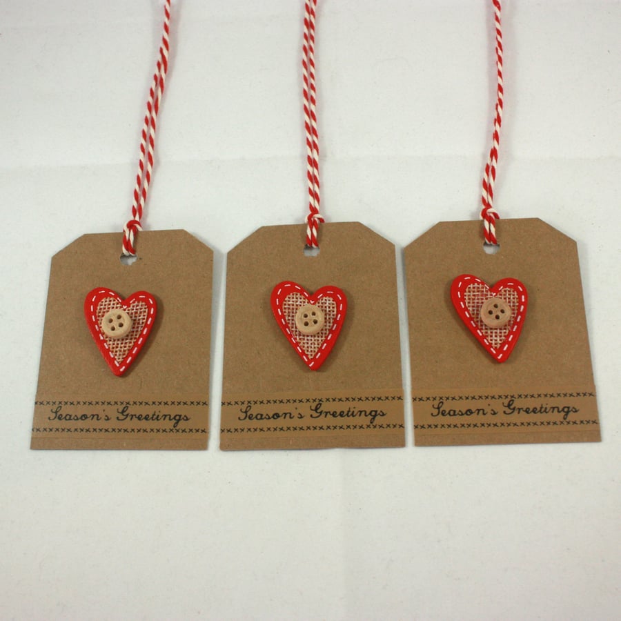 Handmade Christmas gift tags - wooden hearts, pack of 3