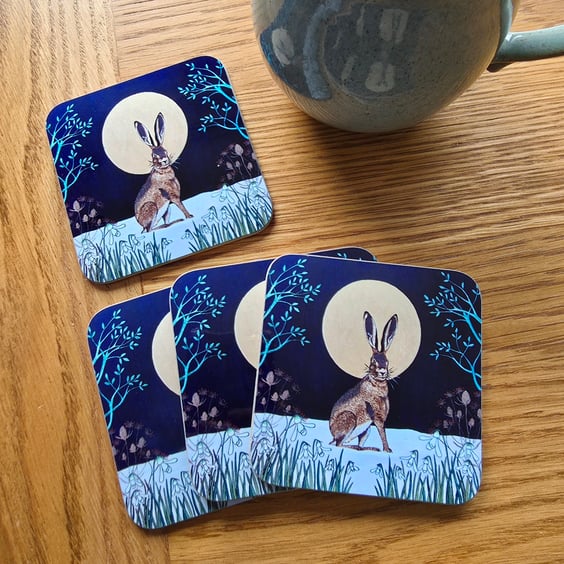 Hare & Snowdrops SET OF 4 coasters