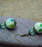 Artisan green & white lampwork glass bead & crystal earrings - Image 2