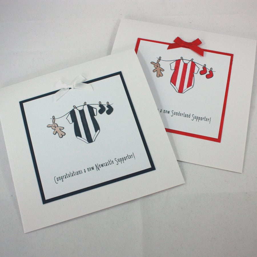 Handmade new baby card - personalised in sports team colours