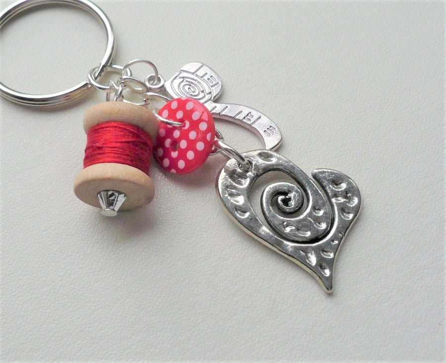 Red Sewing Keyring or Bag Charm Button Cotton Reel Tape Measure  KCJ4061