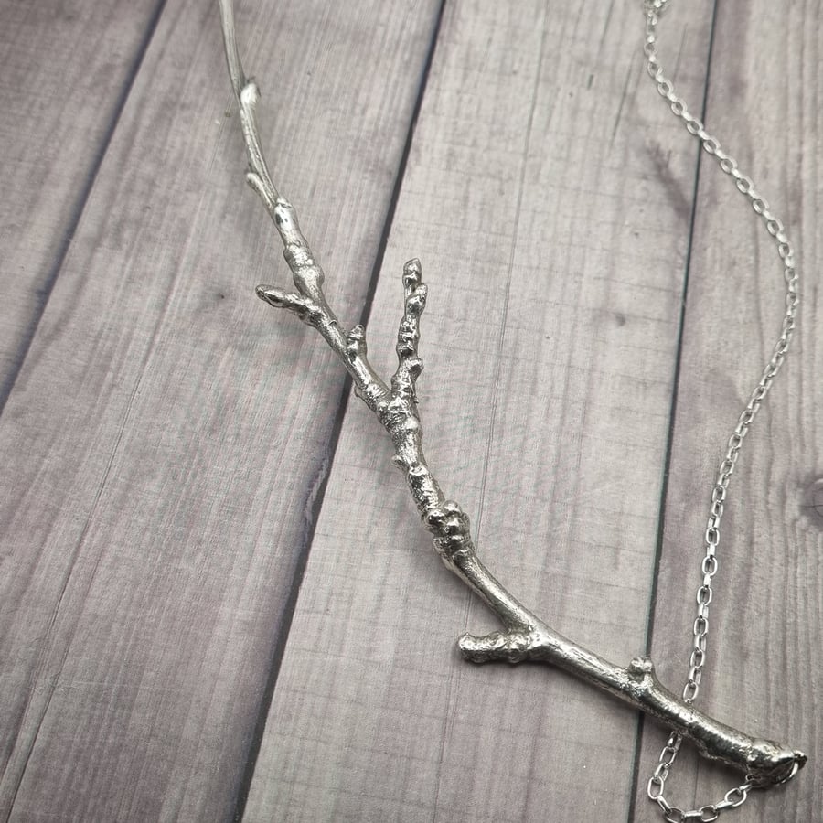 Real birch twig coated in silver, statement necklace