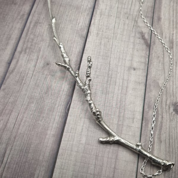 Real birch twig coated in silver, statement necklace