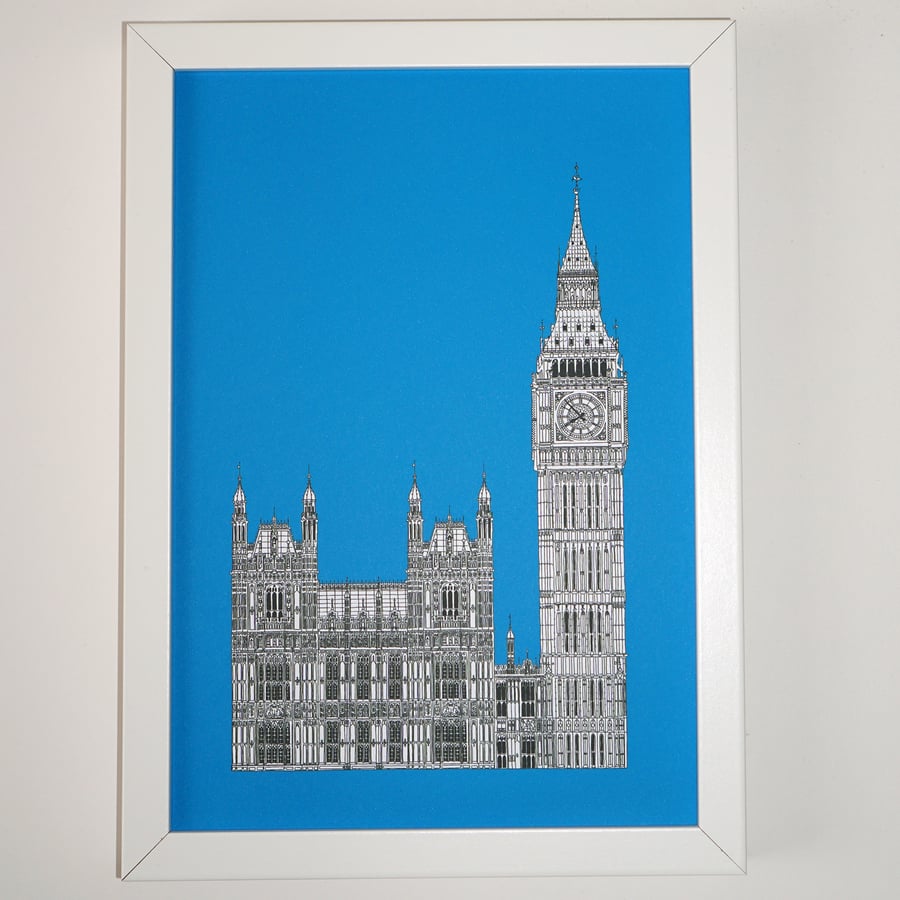 London Print in Royal Blue, Big Ben, Architecture Print