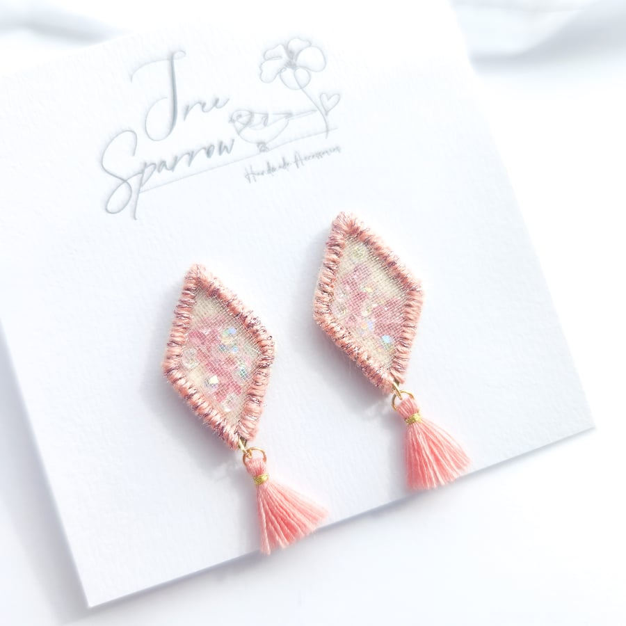 Embroidered Earrings, Geometric Fabric Earrings