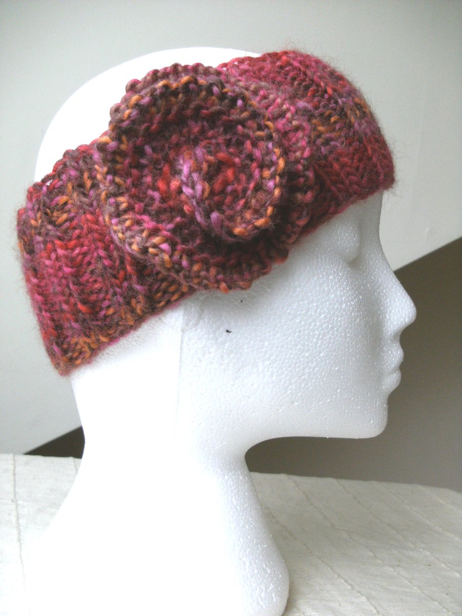 SALE! Flowered 100% Wool Headband in Rich Reds