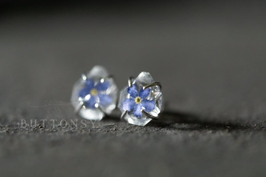 Forget Me Nots Earrings "Raw Stone" Earrings Pressed Flower Jewelry Gifts For He