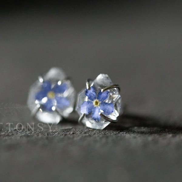 Forget Me Nots Earrings "Raw Stone" Earrings Pressed Flower Jewelry Gifts For He