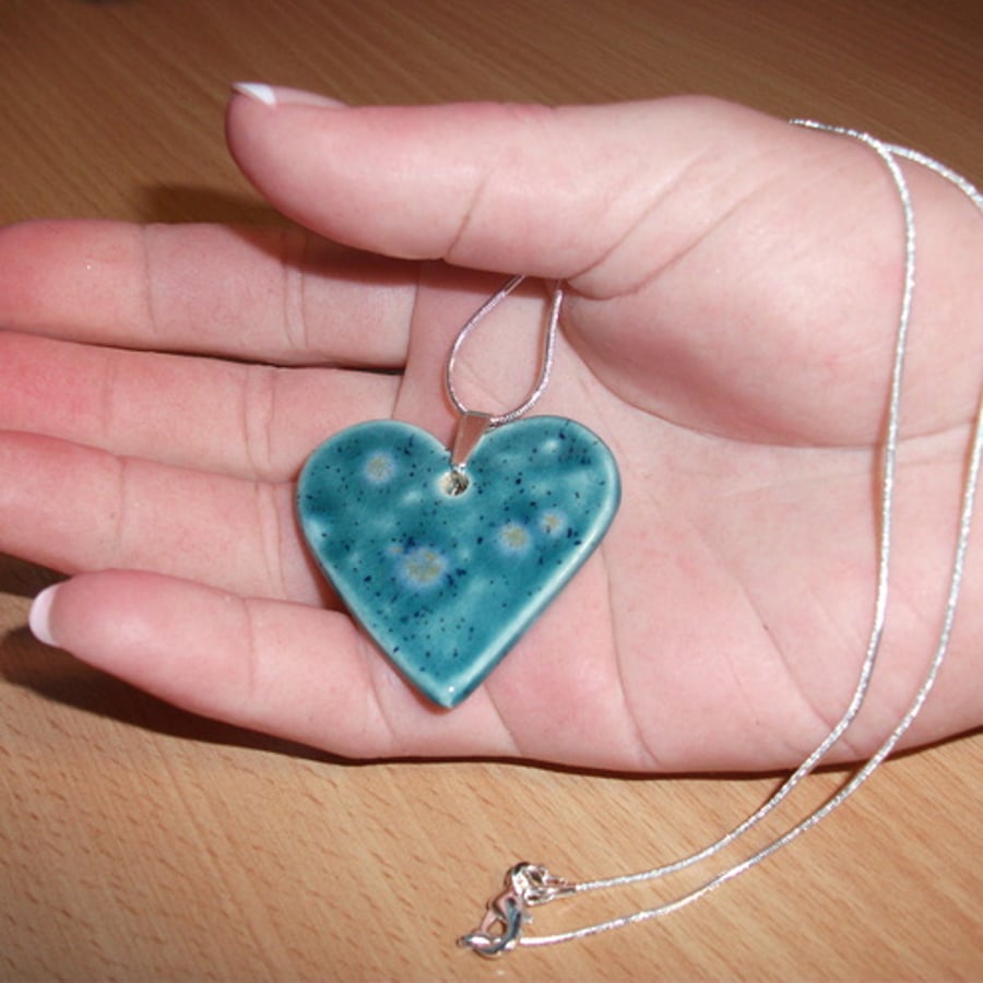  SALE SALE  Now  Was £17.00 now £15.00 Large Ceramic Blue and Green  Heart, hangs from a sterling silver snake chain.
