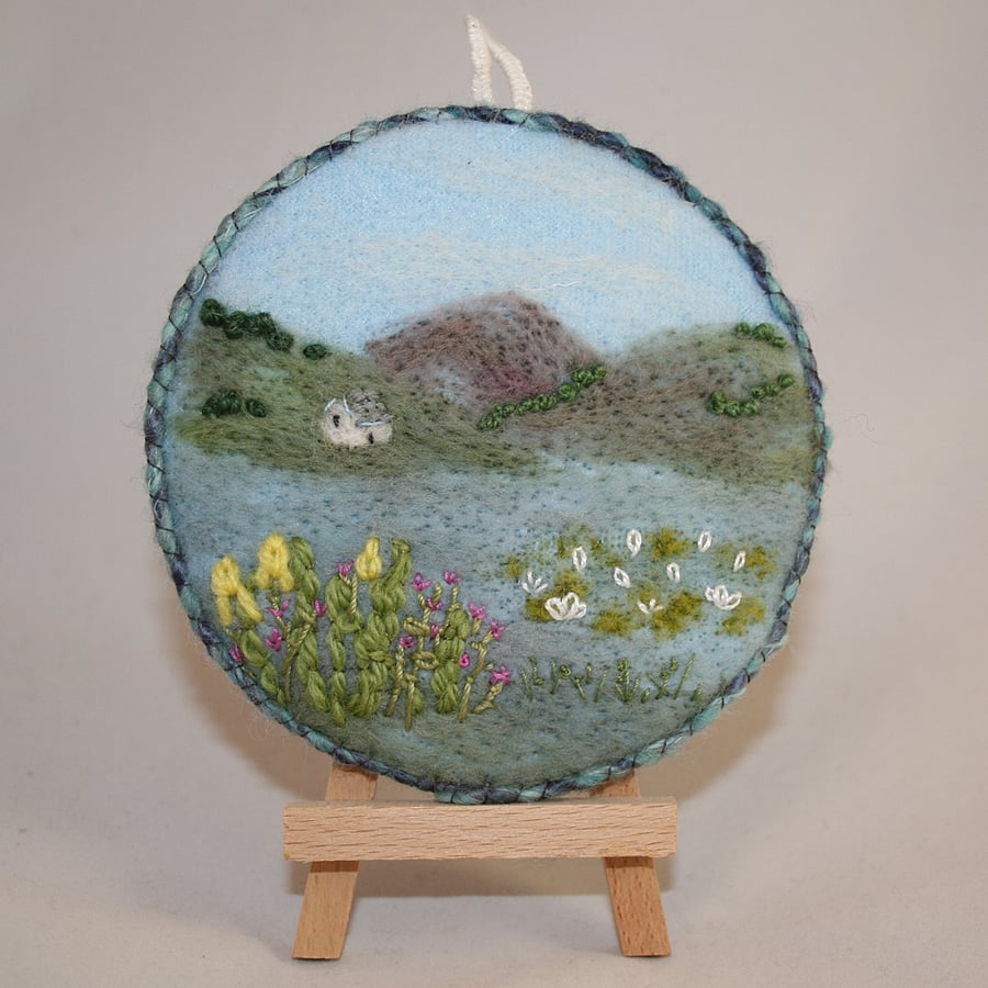 Mountain Lake with Water Lillies - felted and embroidered picture.