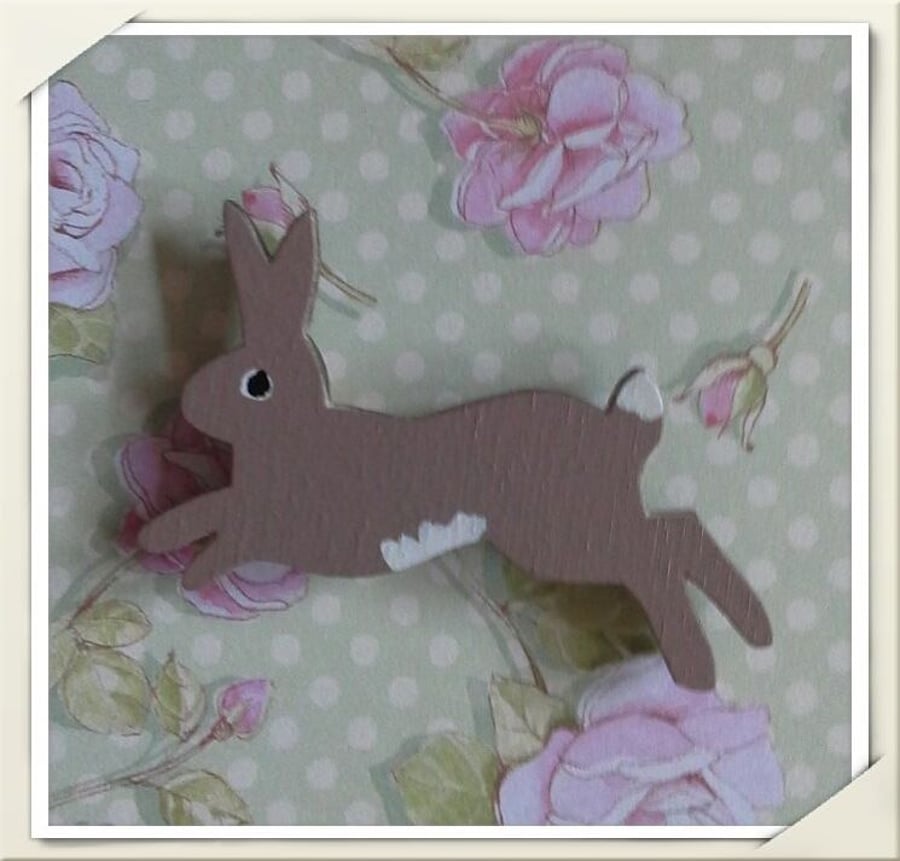 HALF PRICE Hand painted wooden Hare brooch woodland