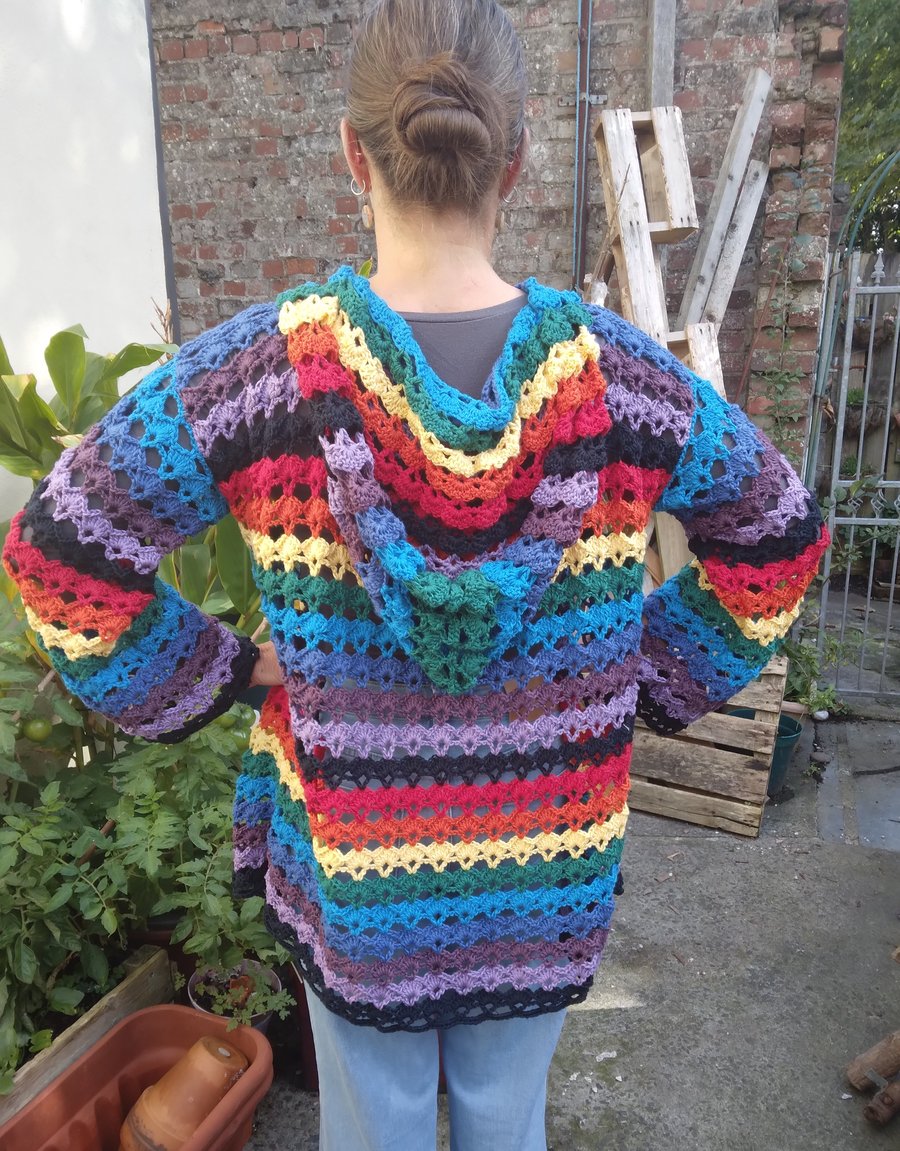 Rainbow crochet hoody in cotton. Handmade. One of a kind. 