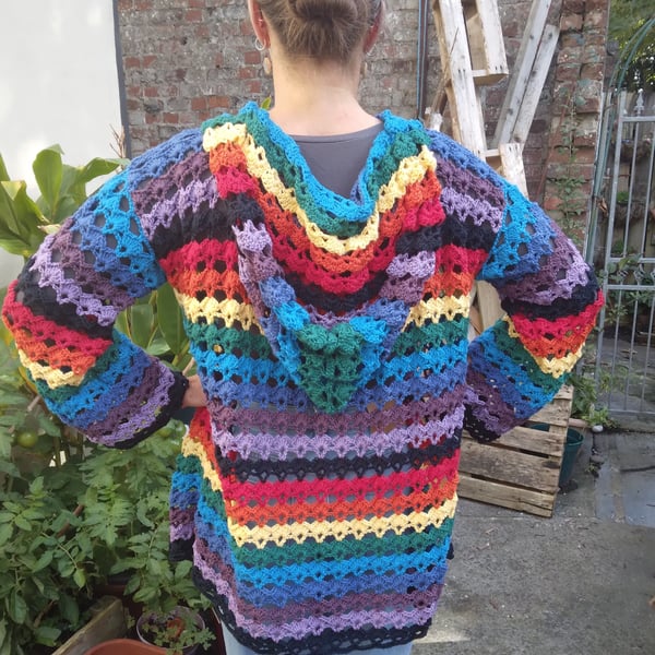Rainbow crochet hoody in cotton. Handmade. One of a kind. 