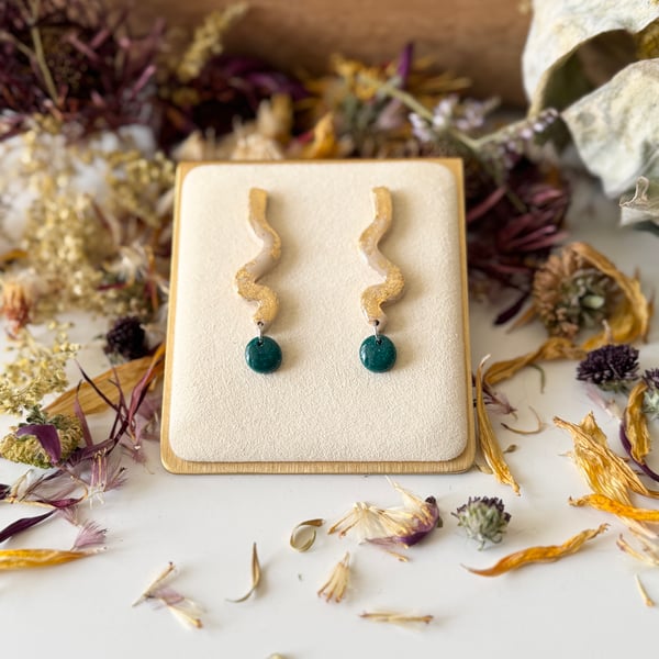 Gold and Teal Curved Dangle Earrings