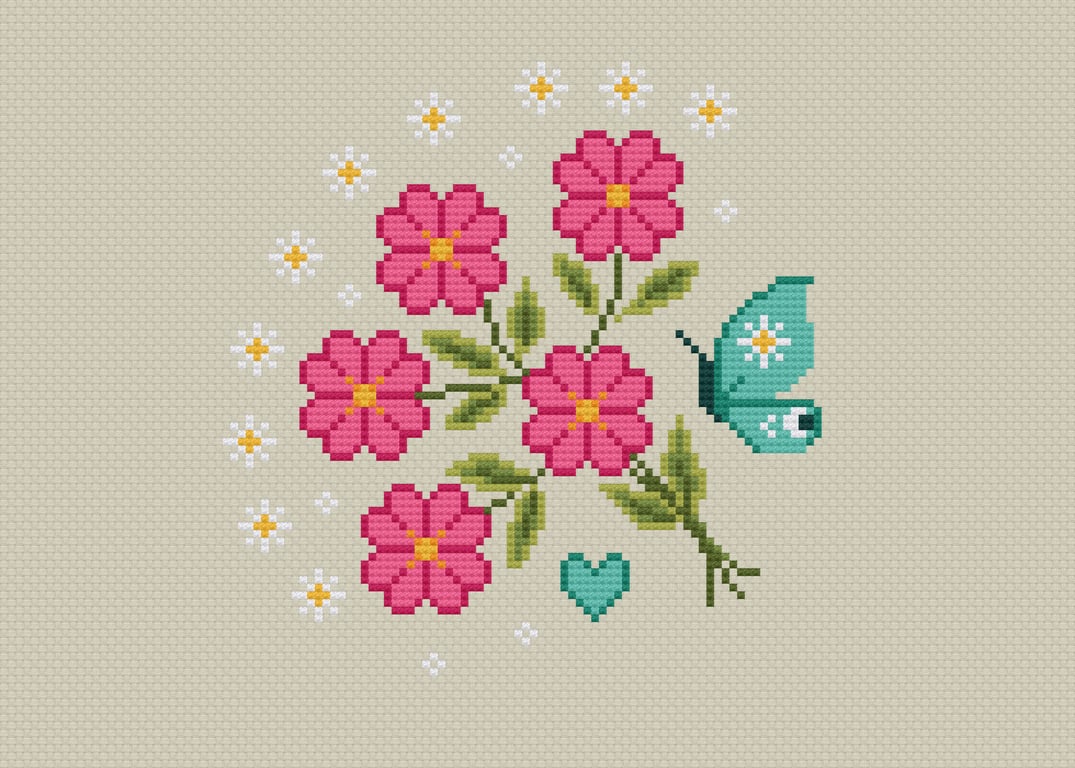 331 - Primrose and Butterfly Cross Stitch Pattern: Mini Floral Bouquet (PDF)