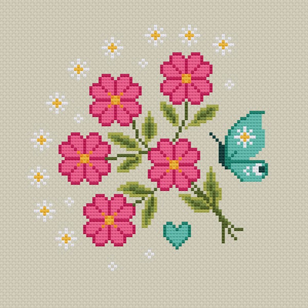 331 - Primrose and Butterfly Cross Stitch Pattern: Mini Floral Bouquet (PDF)