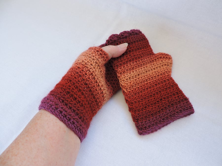 Seconds Sunday Fingerless Crochet Mitts Aubergine Russet Apricot Plum