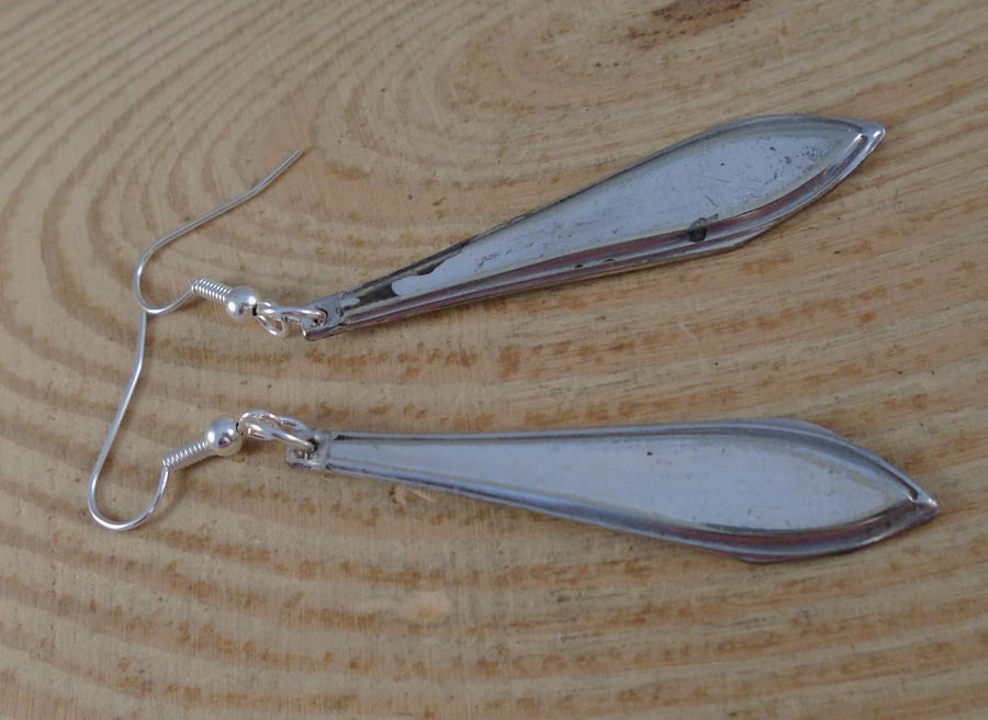 Upcycled Silver Plated Pointy Sugar Tong Handle Drop Earrings SPE081913