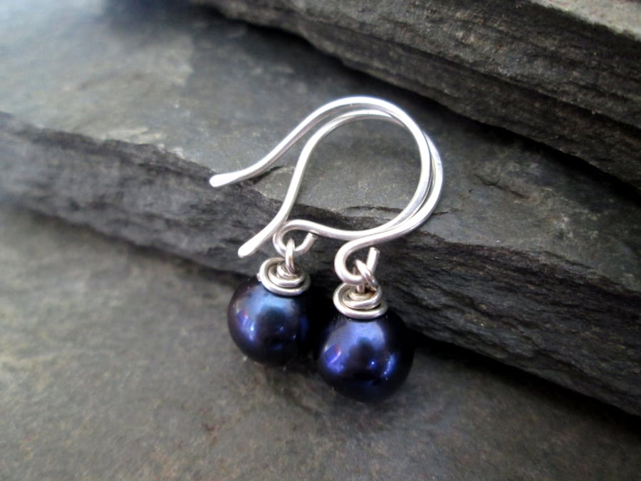 Pearl Earrings - Wire Wrapped Pearl Drop Earrings, Blue Pearls