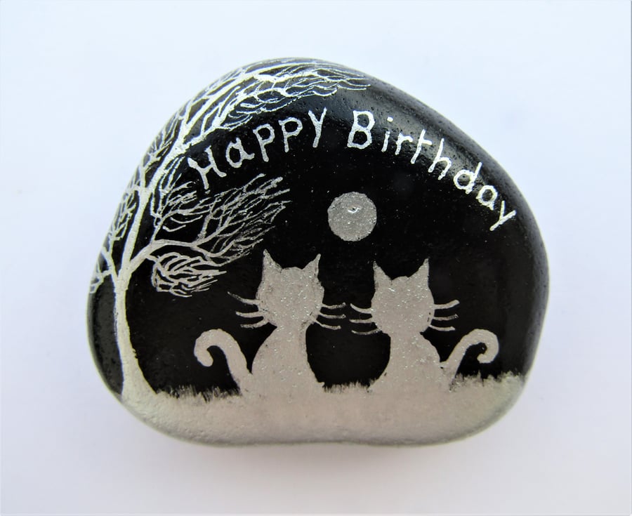 Happy Birthday Cat Magnet, Hand Painted Rock, Unique Birthday Gift, Stone Art