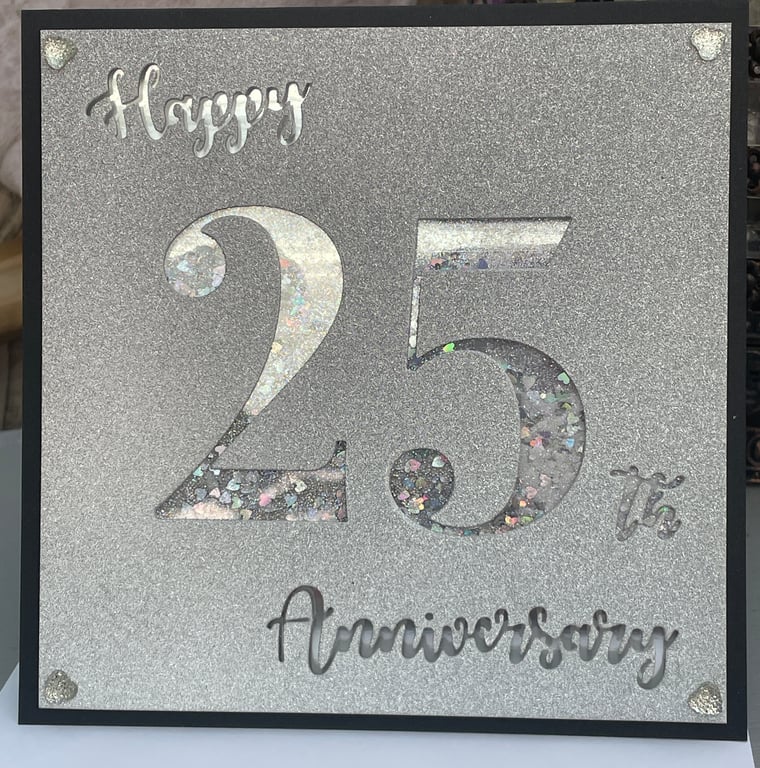 Glitter silver Happy 25th wedding anniversary card
