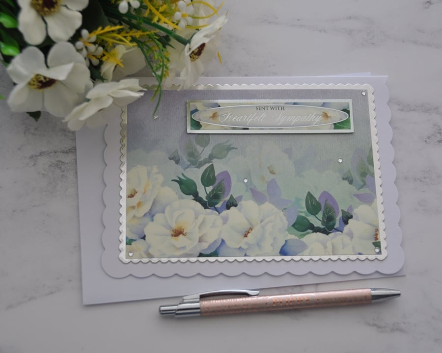 White Roses Sympathy Card Heartfelt Sympathy Silver 3D Luxury Handmade Card