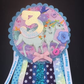 Unicorn Birthday badge-Rosette - Any age - Blues