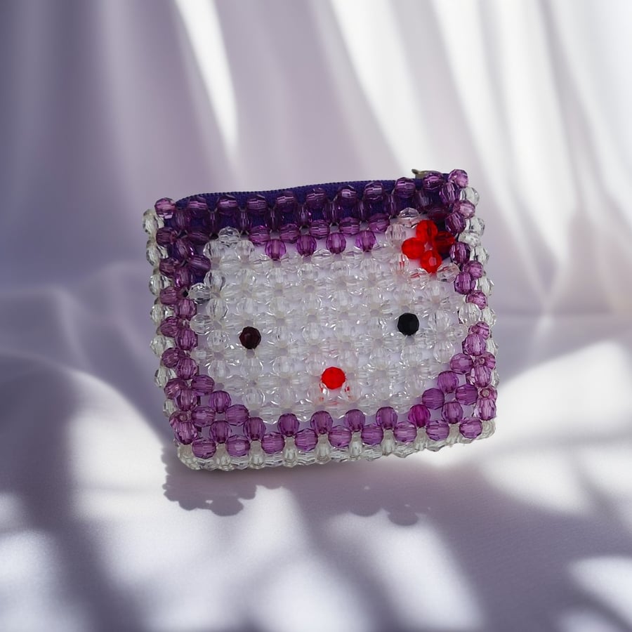Amethyst Kitty Beaded Zipper Pouch or Coin Purse