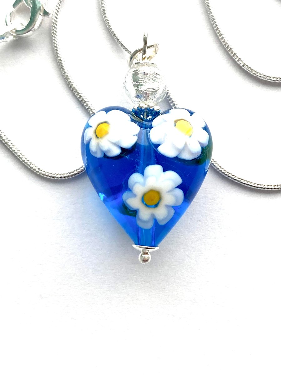 Murano glass blue daisy heart pendant with Swarovski and sterling silver.