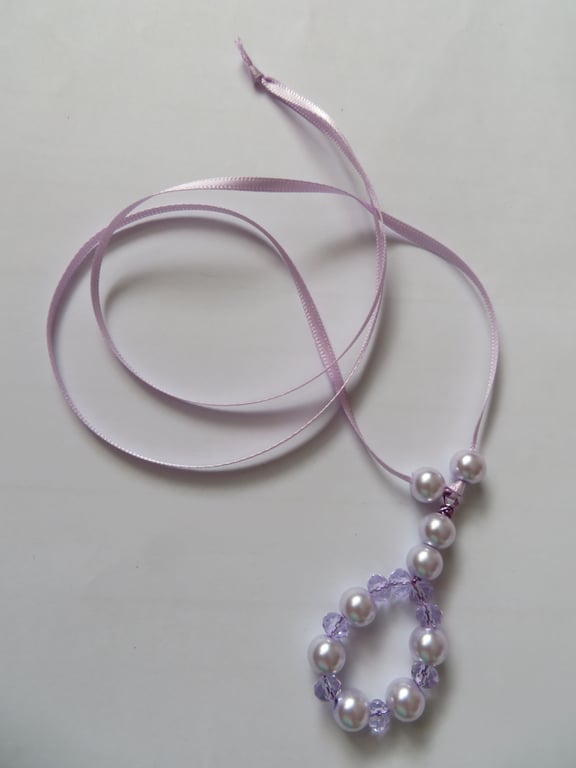 Lilac Crystal & Pearl Beaded Wire Ribbon Tie Pendant Necklace 