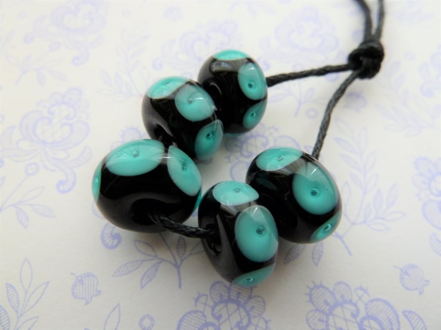 black and teal bubble spots lampwork beads