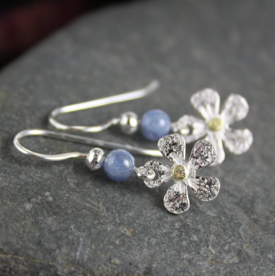 Sterling silver, gold and blue kyanite flower earrings 