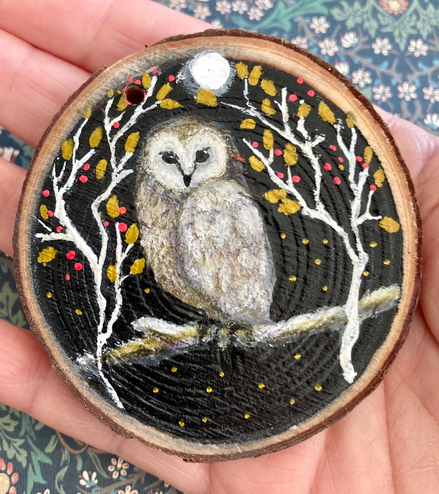 Hand Painted Owl Under Full Moon Wood Slice Hanging Decoration Or Fridge Magnet