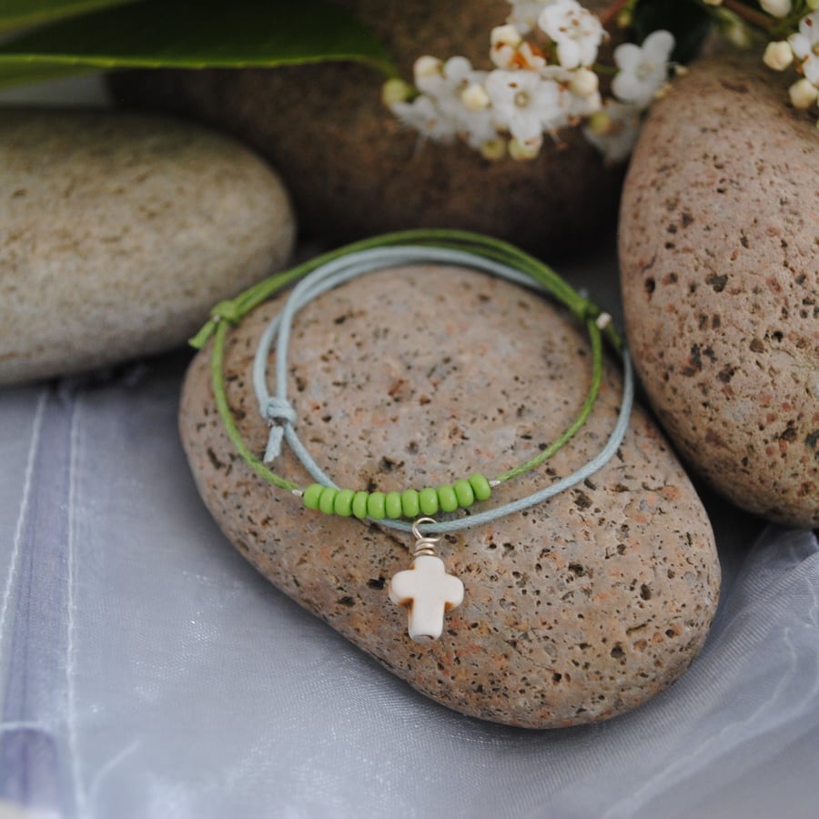 Friendship Bracelets-TWO Blue & green with howlite cross