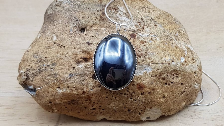 Simple oval Hematite pendant. 925 sterling silver necklaces for women.