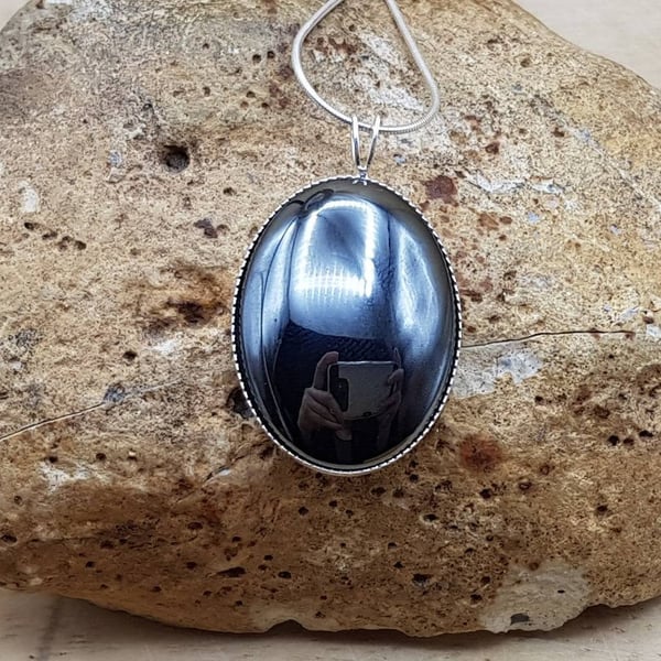 Simple oval Hematite pendant. 925 sterling silver necklaces for women.