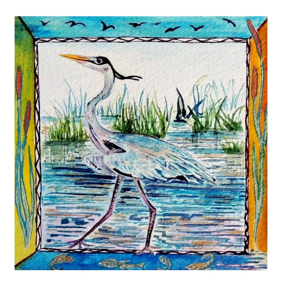  Bird Wild Life Watercolour Wildlife Fine Art Painting Heron Artwork