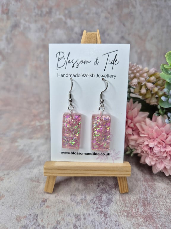 Handmade Pink Dichroic Resin Rectangle Earrings