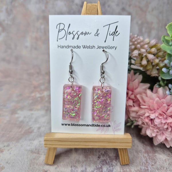 Handmade Pink Dichroic Resin Rectangle Earrings