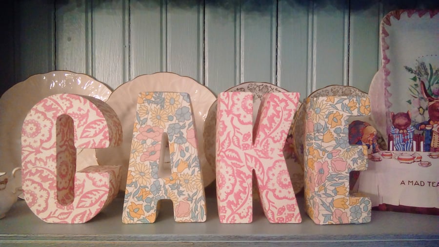 Shabby Chic Cake Letters made using Liberty designs Shelf Sitter Display Cupcake